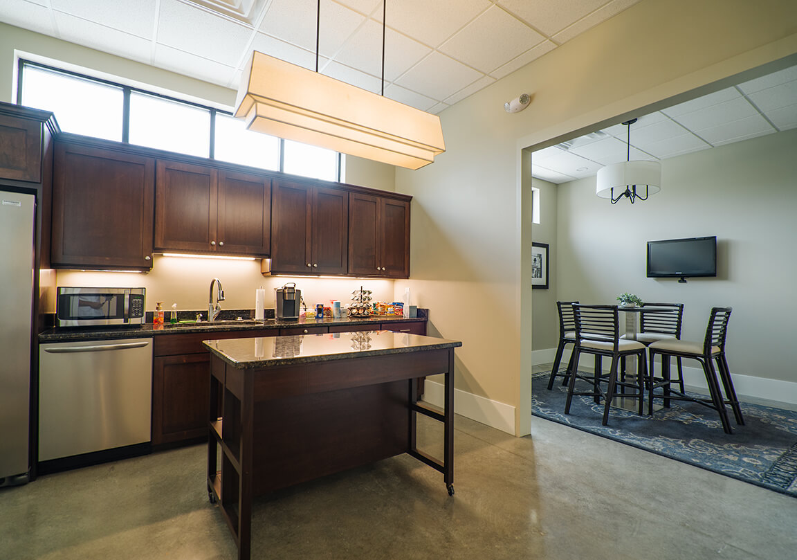 a break room with kitchenette