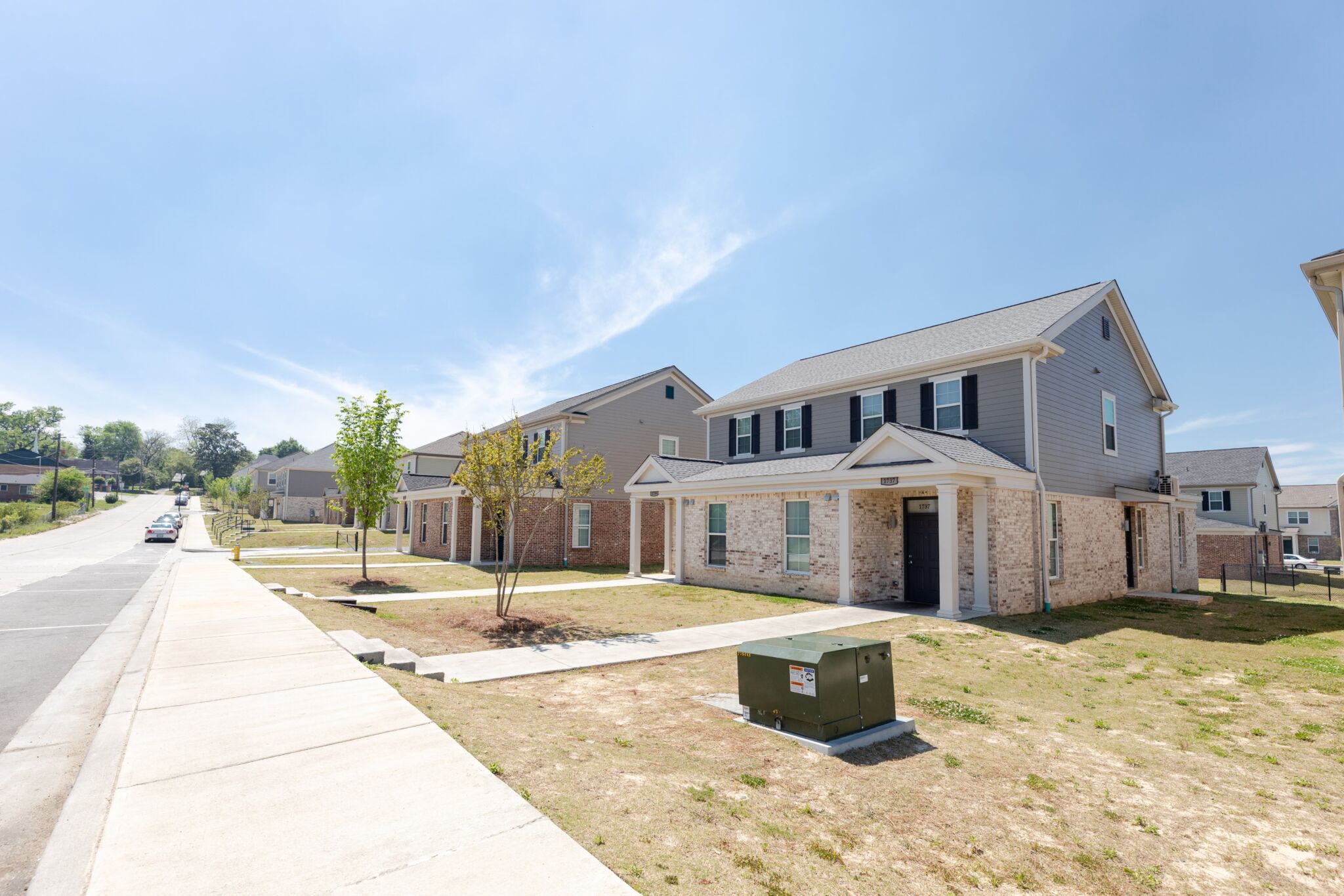 Modern two-story houses with brick and gray siding line a sunny street, with young trees, sparse grass, and a green utility box.