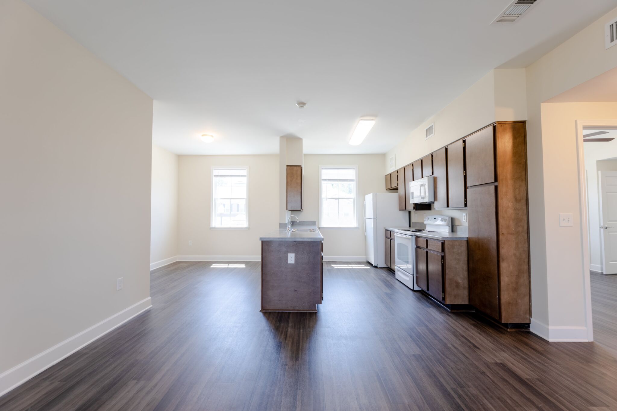 Bright modern kitchen with dark wood cabinets, stainless steel appliances, island, open dining area, large windows, and dark floors.