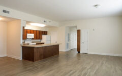 Open-plan apartment with light wood floors, white walls, big windows, brown kitchen cabinets, white appliances, and breakfast bar.