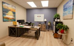 Modern office with large desk, computer, paperwork, two ocean paintings, potted plants, whiteboard, bookshelf, hoop, wood floor.