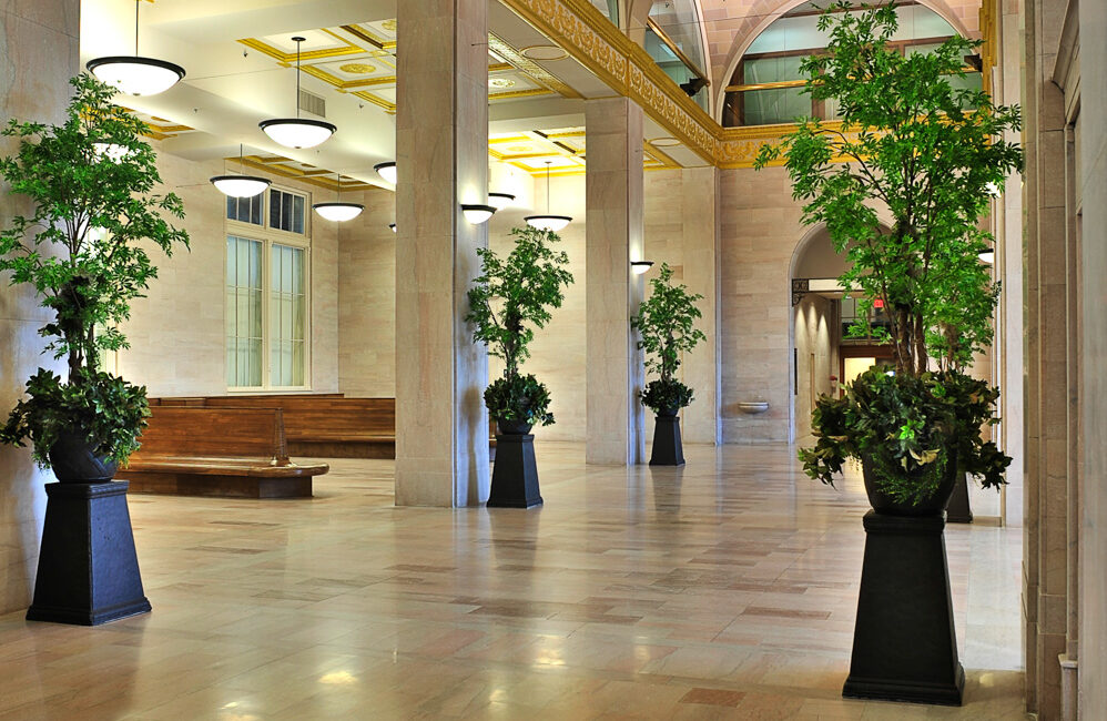 Spacious, elegant hallway with arched ceilings, marble floors, potted plants, benches, ornate lighting, and gold upper wall accents.